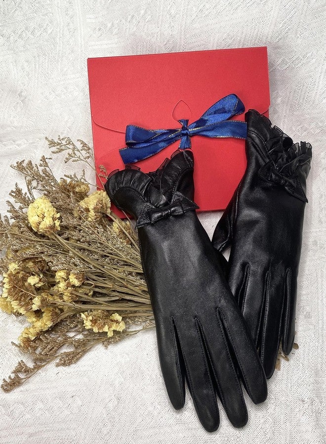 HELIDA Winter Fashion Gloves for Women Genuine Sheepskin Leather Warm Cashmere Lining Lace Bow Design Touchscreen Windproof Driving Gloves - Image 3